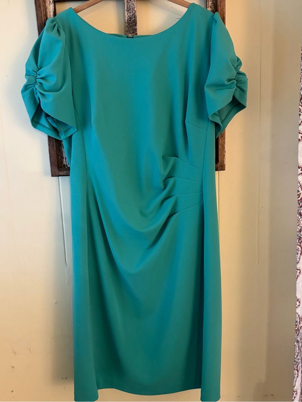Karl Lagerfeld Turquoise Midi Dress with Ruched Short Sleeves